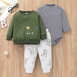 Winter Children Sets Long Sleeve O Neck Striped Rompers Green Print Dinosaur Coat White Pants 3Pcs Girls Boys Clothes 210629