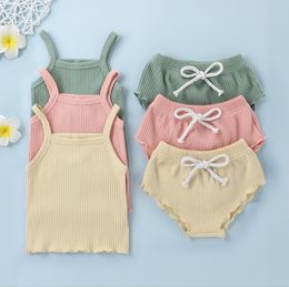 Girls Camisole Clothing Sets Solid Braces Briefs Shorts Baby Striped Cotton Rompers PP Pants Suits Kids Designer Clothes 3Colors WMQ1268