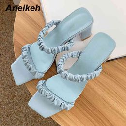 Mulheres Das Sommer GAI Sapatos Squared Toe Hausschuhe PU High Heels Slides Concise Plissee Außerhalb Solide Casual Lila 210507 25326