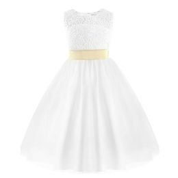 Oyolan Flower Wedding Dress White First Communion Formal Lace Princess Prom Dress Long Gowns Kids Evening Formal Dress for Weddi Q0716