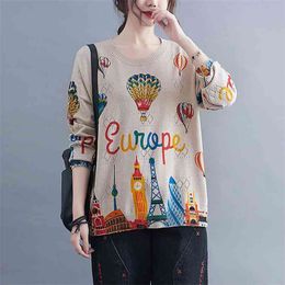 Printed sweater large size loose spring and autumn round neck bottoming all-match outer wear women 210427