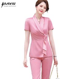 Pink Suit Summer Short Sleeve Professional High End Fashion Formal Slim Blazer And Pants Office Ladies Work Wear 210604