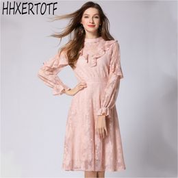 spring fashion Casual Women Lace Dress Stand Collar Long-sleeved ruffled embroidered lace dress 210531