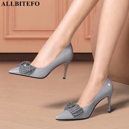 ALLBITEFO bowknot design genuine leather high heels fashion sexy party wedding shoes women pumps high heel shoes 210611