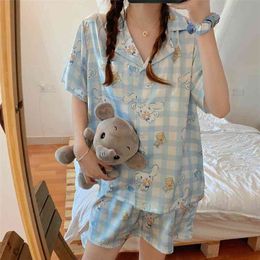 Womens Cute Cartoon Pyjamas Set Turn-down Collar Pyjamas Short Sleeves Suit Soft Female Sleepwear Summer Homewear Home Services 210809