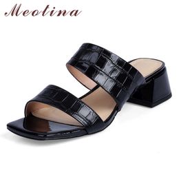 Meotina Shoes Women Mid Heel Slippers Square Toe Thick Heels Ladies Slides Summer Causal Sandals Female White Black Size 34-39 210608