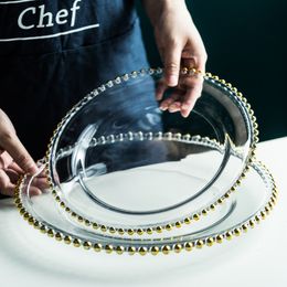 13inch round wedding clear silver/gold beaded charger plates glass plate for table decoration DH8760