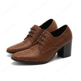 Mens Shoes High Heels Pointed Toe Brown Genuine Leather Dress Shoes for Men Lace-up Fashion Party Shoes Zapatos Hombre