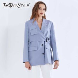 TWOTYLE Casual Irregular Blazer For Women Notched Long Sleeve Sashes Blue Blazers Female Autumn Fashion Clothing 210930