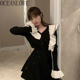 Mujer Chaqueta Ruffles Black White V Neck Retro Korean Short Cardigans Flare Sleeve Spring Woman Sweaters 19633 210415