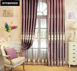 Curtain & Drapes Purple Colour Velvet Gold Thread Blackout Curtains Living Room Bedroom Embroidered Tulle