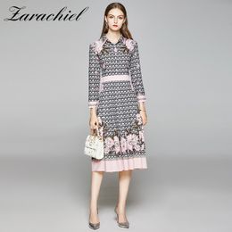 Summer Fall Female Overlay Circle Pattern Floral Printed Dress Women Elegant Wrist Sleeve Slim Waist Ladies Midi Vestidos 210416