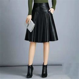 High Waist Leather Sheepskin A-Line Skirts Elegant Black Korean Womens Female Indie Folk Knee Length Ladies Office Skirt 210408