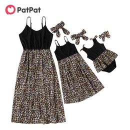 Arrival Mosaic Mommy and Me Leopard Tank Dresses Bowknot Rompers with Headband 210528
