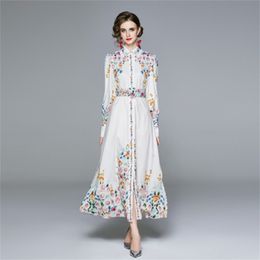 Summer Floral Print Dresses Women Turn Down Collar With Belt Single Breasted High Waist A Line Slim Dress 210603