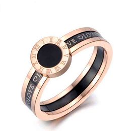 Black Acrylic Love Roman Numerals Wedding Rings for Women Rose Gold Titanium Stainless Steel Ring Jewellery G1125