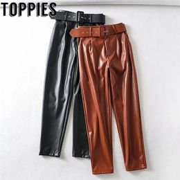 winter leather suit pants black brown pu straight high waist with belt street women trousers 210421