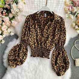 Spring and Autumn Leopard Print Waist Short Long Sleeve Button Shirt Women Fashion Temperament Top Lantern Sleeves UK223 210507