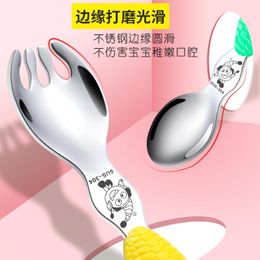 Spoons 304 Stainless Steel Baby Spoon Learning To Eat Training Fork Child Cutlery Set Auxiliary