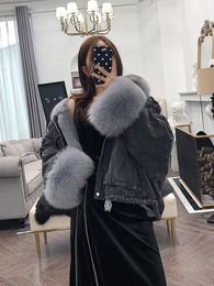 Denim Parka Women Winter Jacket Real Fox Fur Collar Cuffs Rabbit Lining Warm Loose Outerwear Streetwear Removable