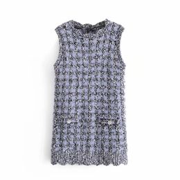 Vintage French Blue Plaid Sweater Dress Women Sleeveless Winter Mini Knitted Woman Slim Elegant es 210519