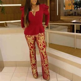 Women Two Pieces Set Long Sleeves Printed Pants Ruffles Sexy V Neck African Fashion Suits Female Elegant Spring Femme Wear 210416