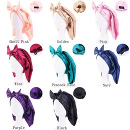 2021 Satin Women Hair Care Bonnet Elastic Long Sock Sleep Cap Silk Turban Night Hat Chemo Caps Bowknot Head Cover Wraps Solid Color