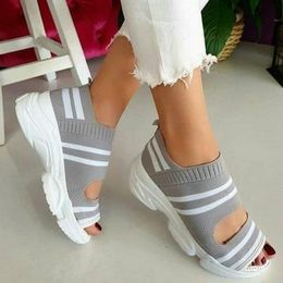Sandals Women's Summer Woman Platform Shoes Stretch Fabric Slip On Hollow Out Peep Toe Thick Bottom Casual Ladies Female