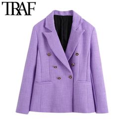 TRAF Women Fashion Double Breasted Tweed Blazer Coat Vintage Long Sleeve Pockets Back Vent Female Outerwear Chic Tops 210415