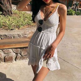 Summer Women Sexy Mini Spaghetti Strap White Crochet Backless Short Tunic Beach Dress 210415