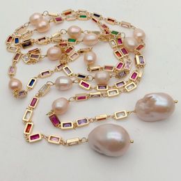 YYGEM 50" Cultured Pink Nucleated Flameball Baroque Pearl Mixed Colour Rectangle Cz Pave Long Chain Necklace