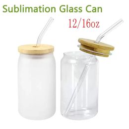 12oz/16oz Sublimation Cola Can Tumbler Clear Frosted Glass Jar with Bamboo Lid Wide Mouth Beer Cup Festival Party Wine Tumblers WLL1256