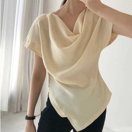 Temperament Minimalism Korean Style Chic Solid Short Sleeve Pile Collar Blouse Women Chiffon Irregular Shirt Tops Drop 210610