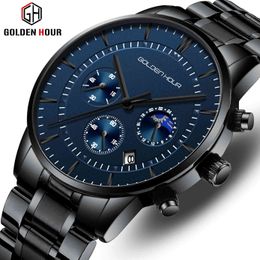 GOLDENHOUR Men Brand Watches Top Luxury Fashion Quartz Watch Mens Casual Slim Leather Waterproof Sports Watch Relogio Masculino 210517