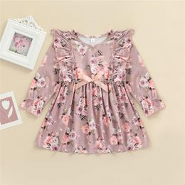 Girl's Dresses 2-7 Years Kid Toddler Girl Dress Sweet Style Long Sleeve Floral Printed Ruffled Bowknot A-Line Baby Spring Autumn Clothes