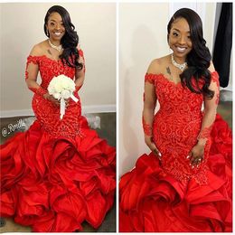 Illusion Long Sleeve African Wedding Dresses Bridal Gowns 2021 Cascading Ruffles Red Lace Beaded Plus Size Mermaid Vestido Festa