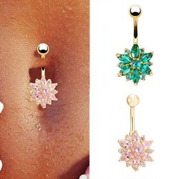 Stainless Steel Flower Crystal Navel Bar Belly Button Ring Piercing Jewellery