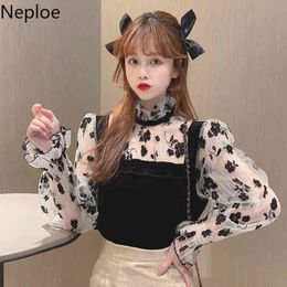 Neploe Spring Sweet Vintage Blouses Women Patchwork Polka Dot Velvet Shirts Tops All-match Stand Neck Ruffles Blusas Mujer 210422