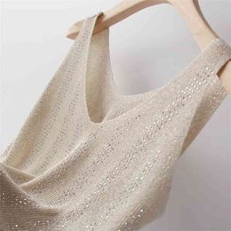 korean Bling Lurex diamond Summer knit Tank Top for Women Cami Sleeveless Knit vest White Black Women's loose Camisole tops 210420