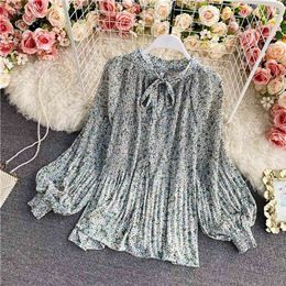 Spring Autumn Fashion Temperament Top Women Sweet Bowknot Lace Puff Sleeve Pleated Chiffon Shirt C147 210507