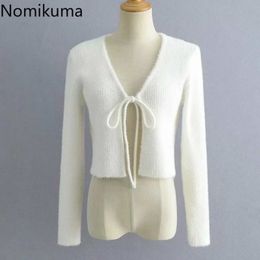 Nomikuma Arrival Sexy Crop Tops Women Solid Colour V Neck Lace Up Cardigan Female Casual Fashion Outerwear Streetwear 3c621 210514