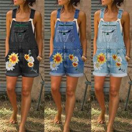 Women Denim Playsuit Sunflower Print High Waist Overalls Summer Fashion Casual Ladies Pocket Plus Size Jeans Shorts 210809