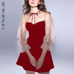 Elegant Mesh Hollow Out Red Dress Women's Summer Round Neck Waist Half Sleeve Mini Dresses Female Tide 5C983 210427