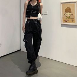 QWeek gótico carga calças mulheres harajuku preto alto cintura hippie streetwear kpop shopping oversize goth calças para fêmea 210925