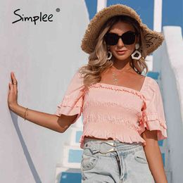 Cotton Pink Square Neck Women Summer Sleeve Ruffle Short Blouse Casual Holiday Solid Female Tops 210414