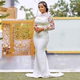 Arabic Style White Mermaid Wedding Dresses 2022 Sheer Neck Lace Long Sleeves Plus Size Sweep Train Garden Country BRidal Party Gow249z