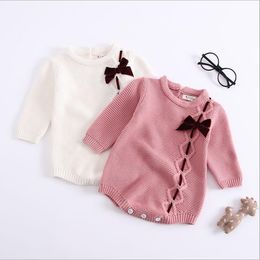 Baby Girl Clothes Knitted Infant Girl Bowknot Jumpsuit Cotton Newborn Overalls Long-sleeved Rompers Winter Baby Clothing Pink White BT4591