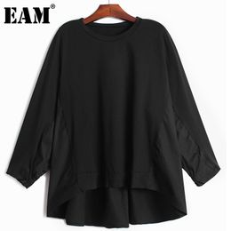 [EAM] Women Black Big Size Spliced Ruched Back Long T-shirt Round Neck Lantern Long Sleeve Fashion Spring Autumn 1DD8211 21512