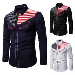 Men's Casual Shirts PUIMENTIUA 2021 Western Cowboy Embroidered Shirt American Flag Button Down Slim Fit Long Sleeve