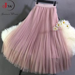 Double Layer Sweet Mesh Pleated Skirt Women Elastic High Waist Solid Spring And Summer Elegant Long Skirts Saias 210510